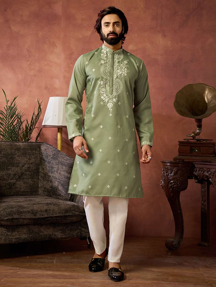 men solid with work mandarin neck long kurta
