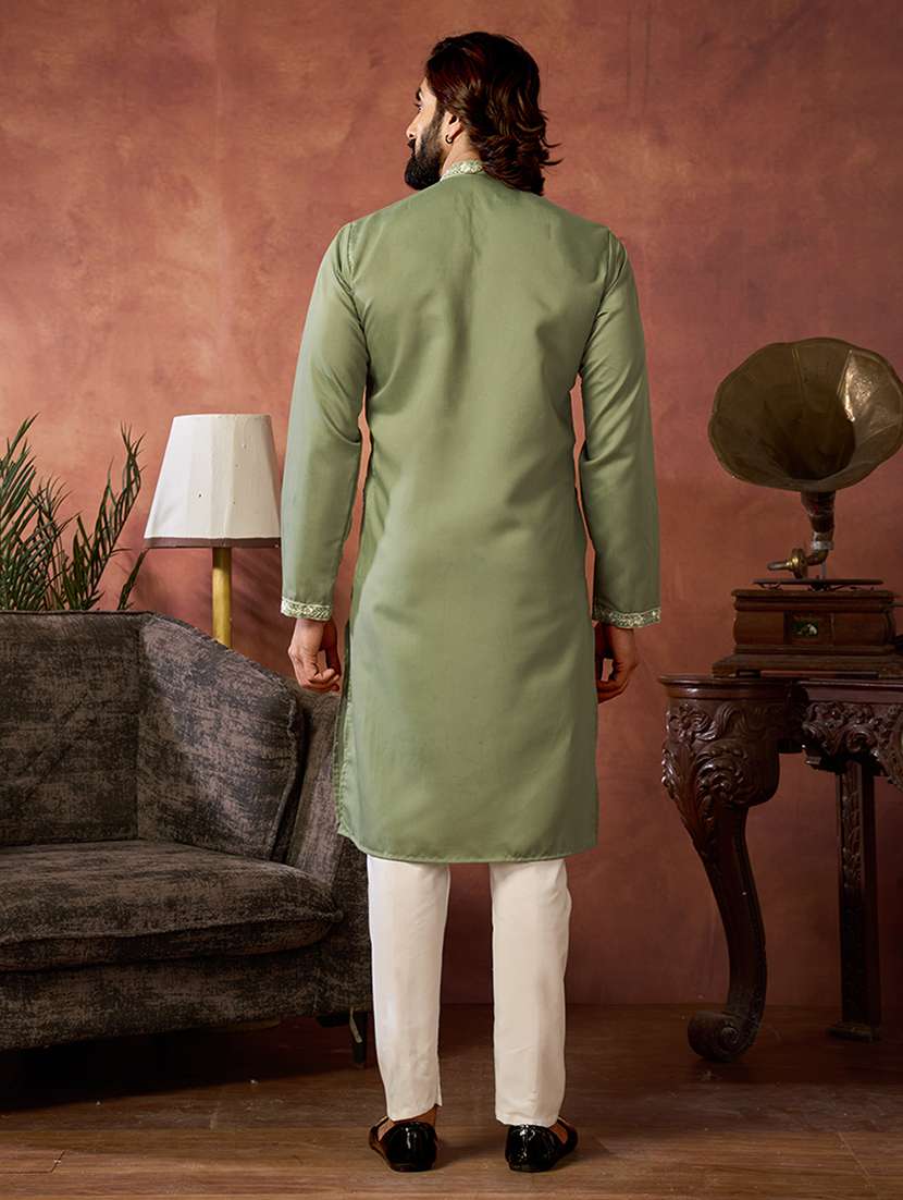 men solid with work mandarin neck long kurta - 22599020 -  Standard Image - 3