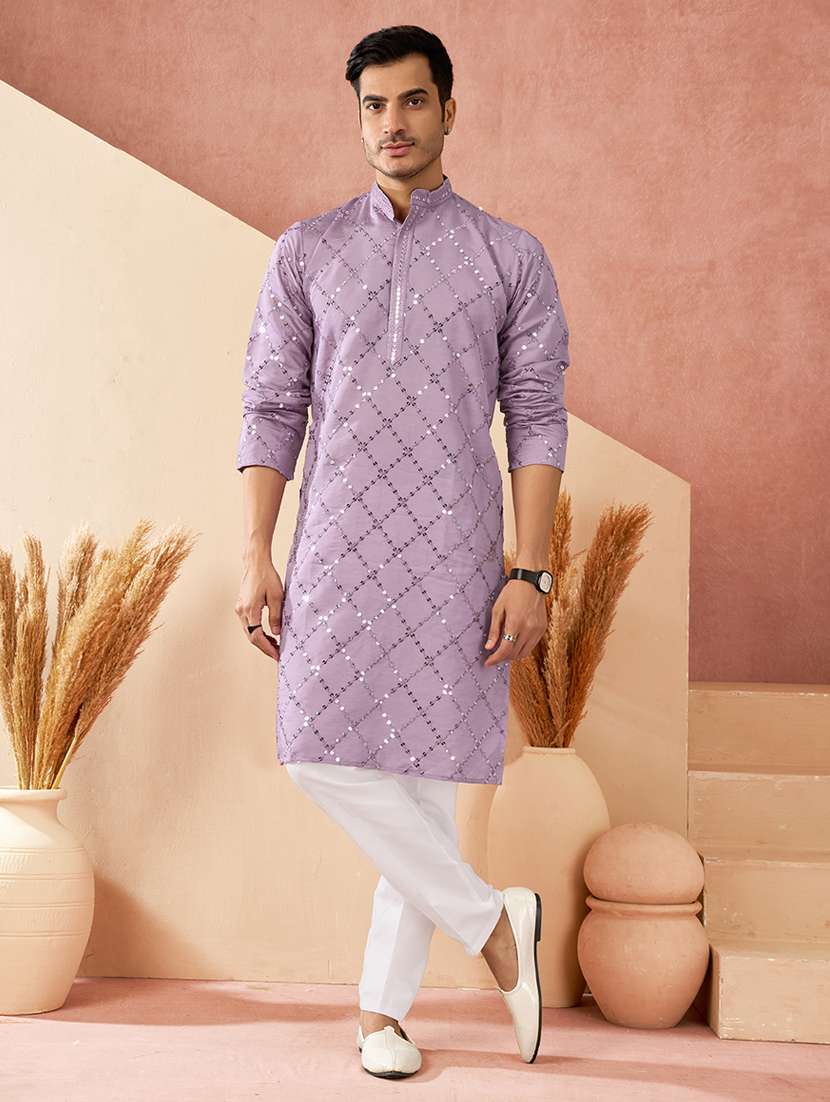 men solid with work mandarin neck long kurta