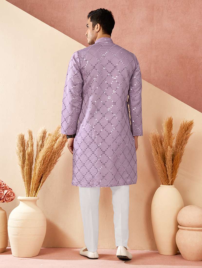 Men Solid With Work Mandarin Neck Long Kurta - 22599037 -  Standard Image - 3