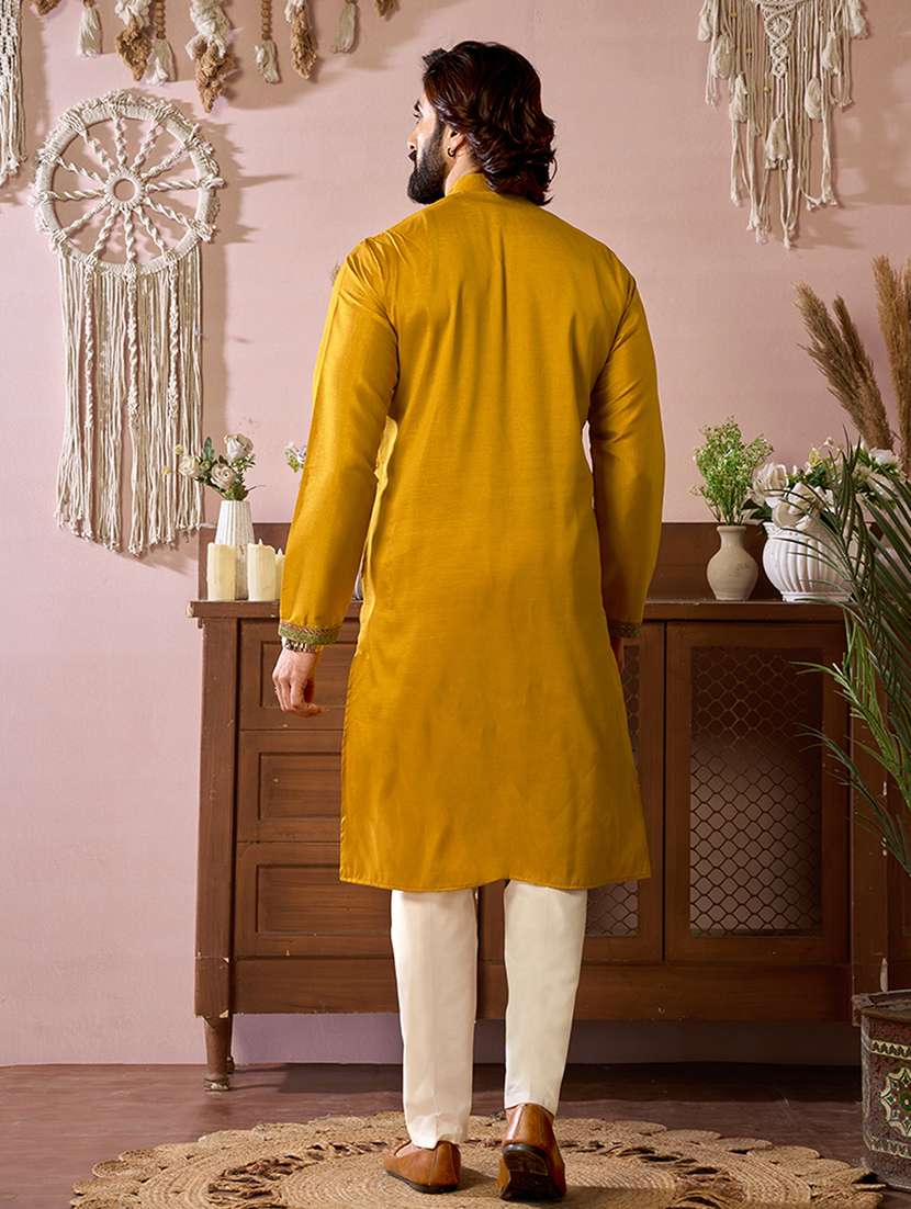 men solid with work mandarin neck long kurta - 22599048 -  Standard Image - 3