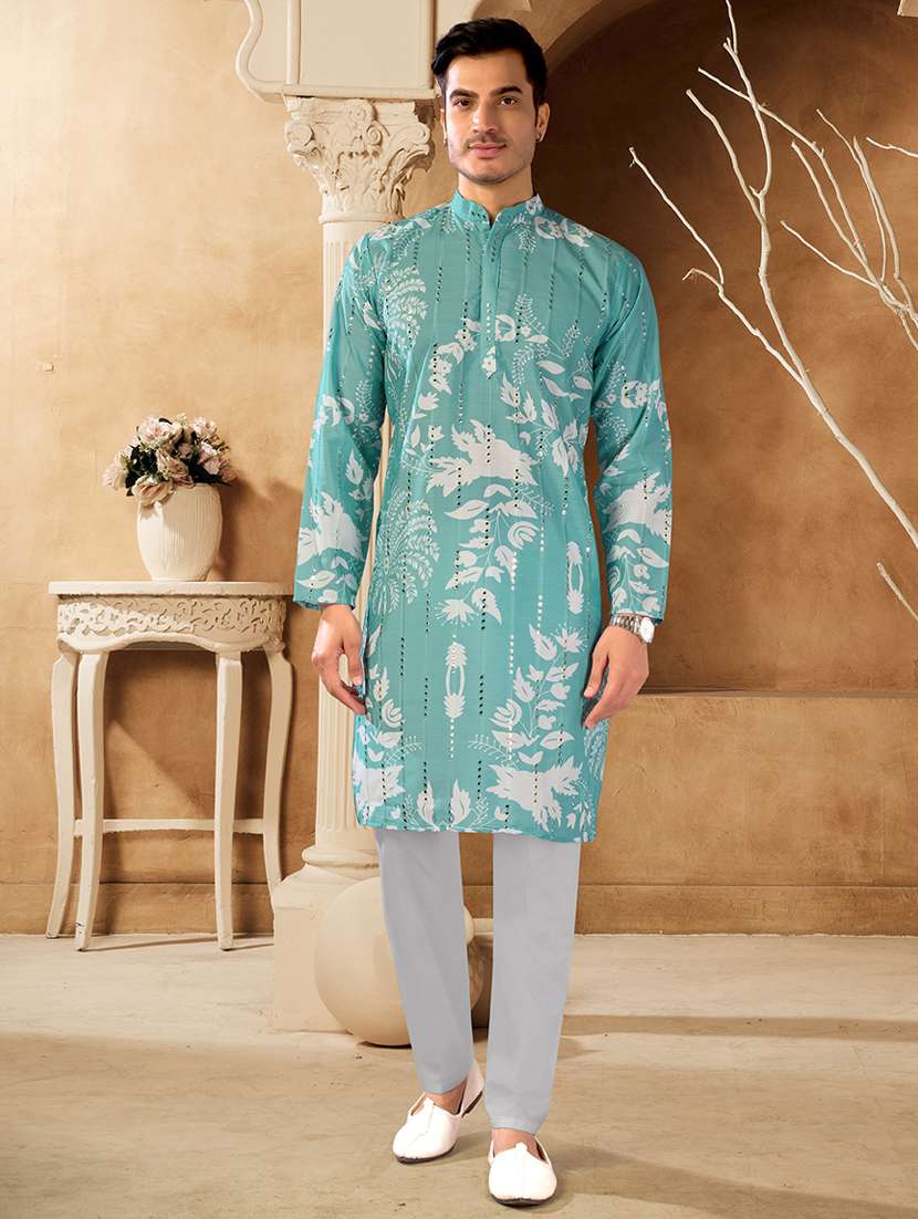 men printed mandarin neck long kurta