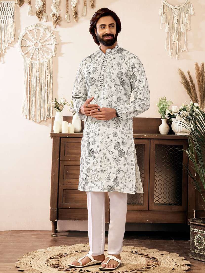 men solid with work mandarin neck long kurta