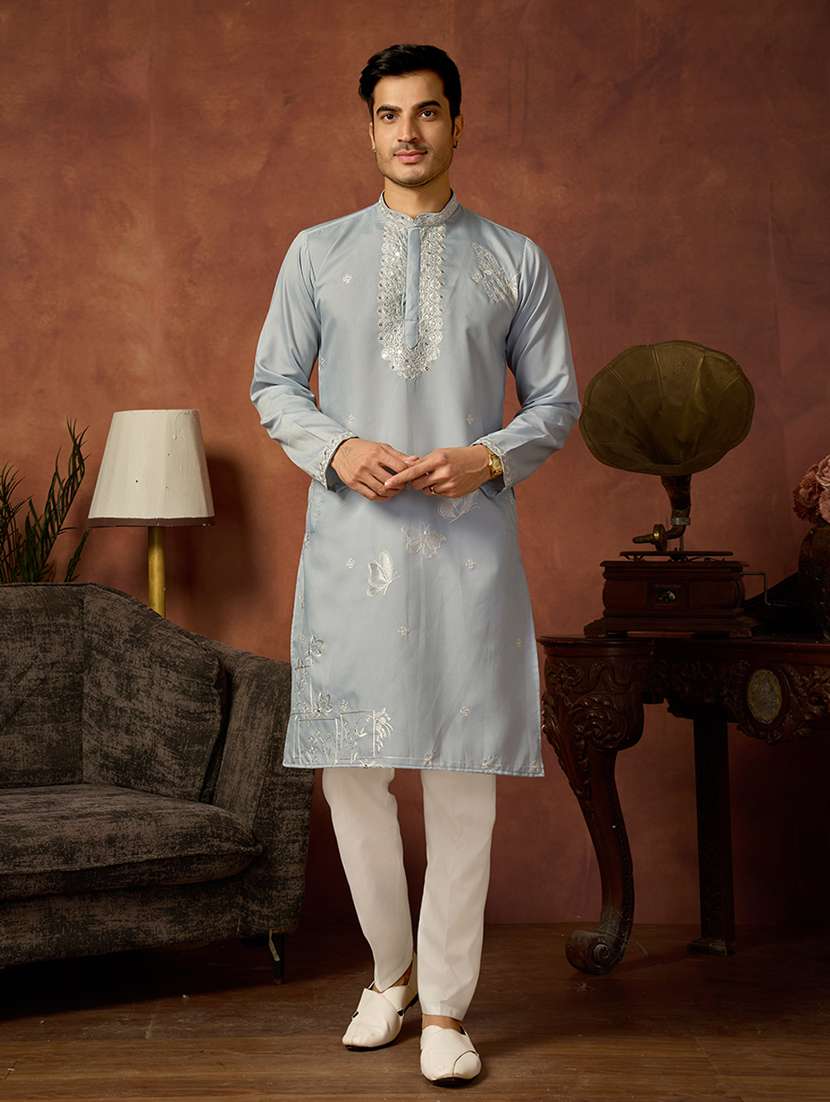 men solid with work mandarin neck long kurta