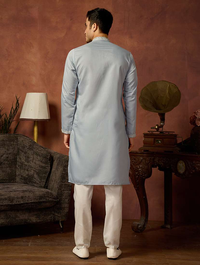 men solid with work mandarin neck long kurta - 22599064 -  Standard Image - 3