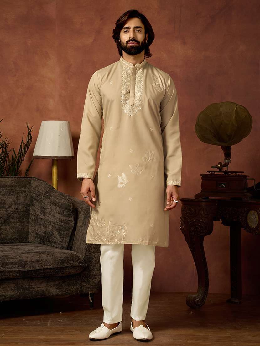 men solid with work mandarin neck long kurta