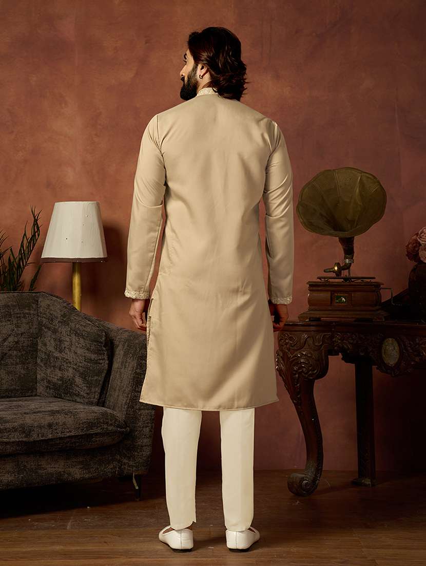 men solid with work mandarin neck long kurta - 22599065 -  Standard Image - 3