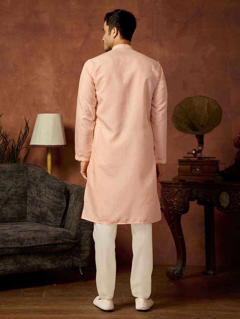 men solid with work mandarin neck long kurta - 22599066 -  Standard Image - 3