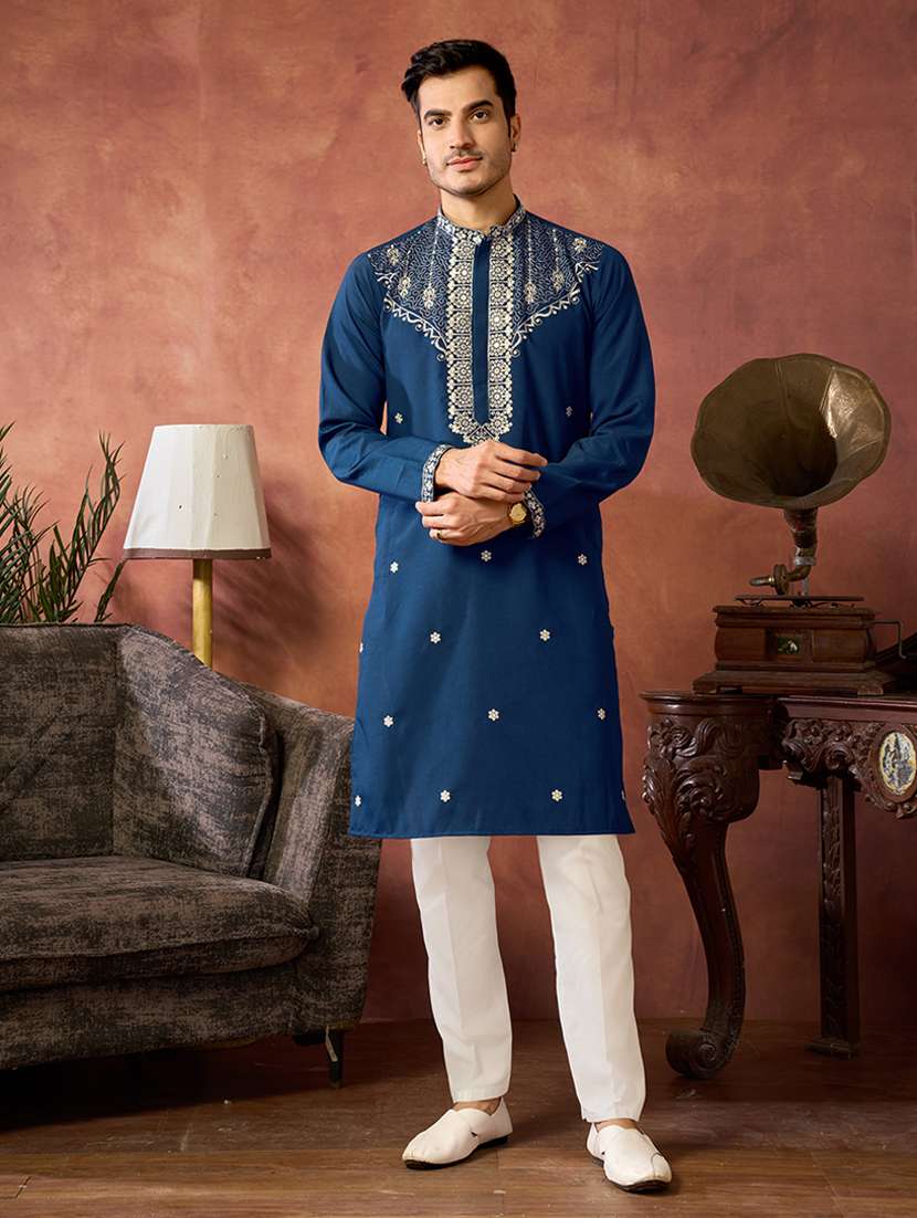 men solid with work mandarin neck long kurta