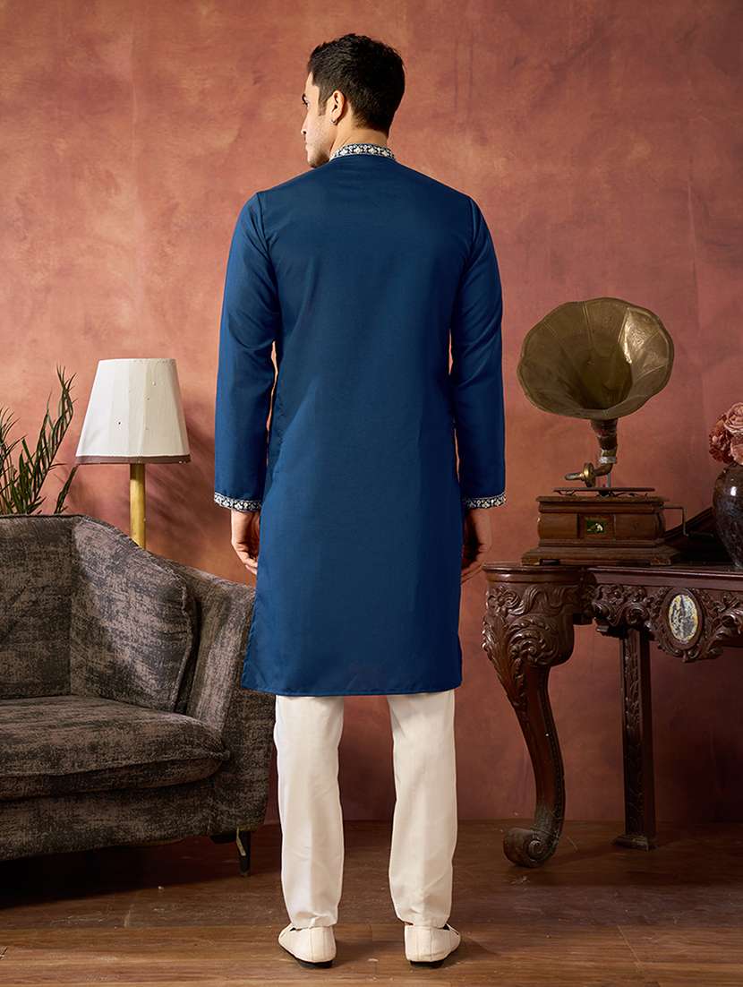 Men Solid With Work Mandarin Neck Long Kurta - 22599067 -  Standard Image - 3
