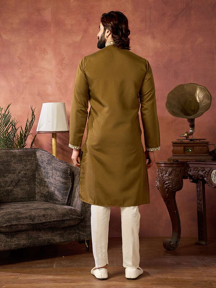 Men Solid With Work Mandarin Neck Long Kurta - 22599068 -  Standard Image - 3