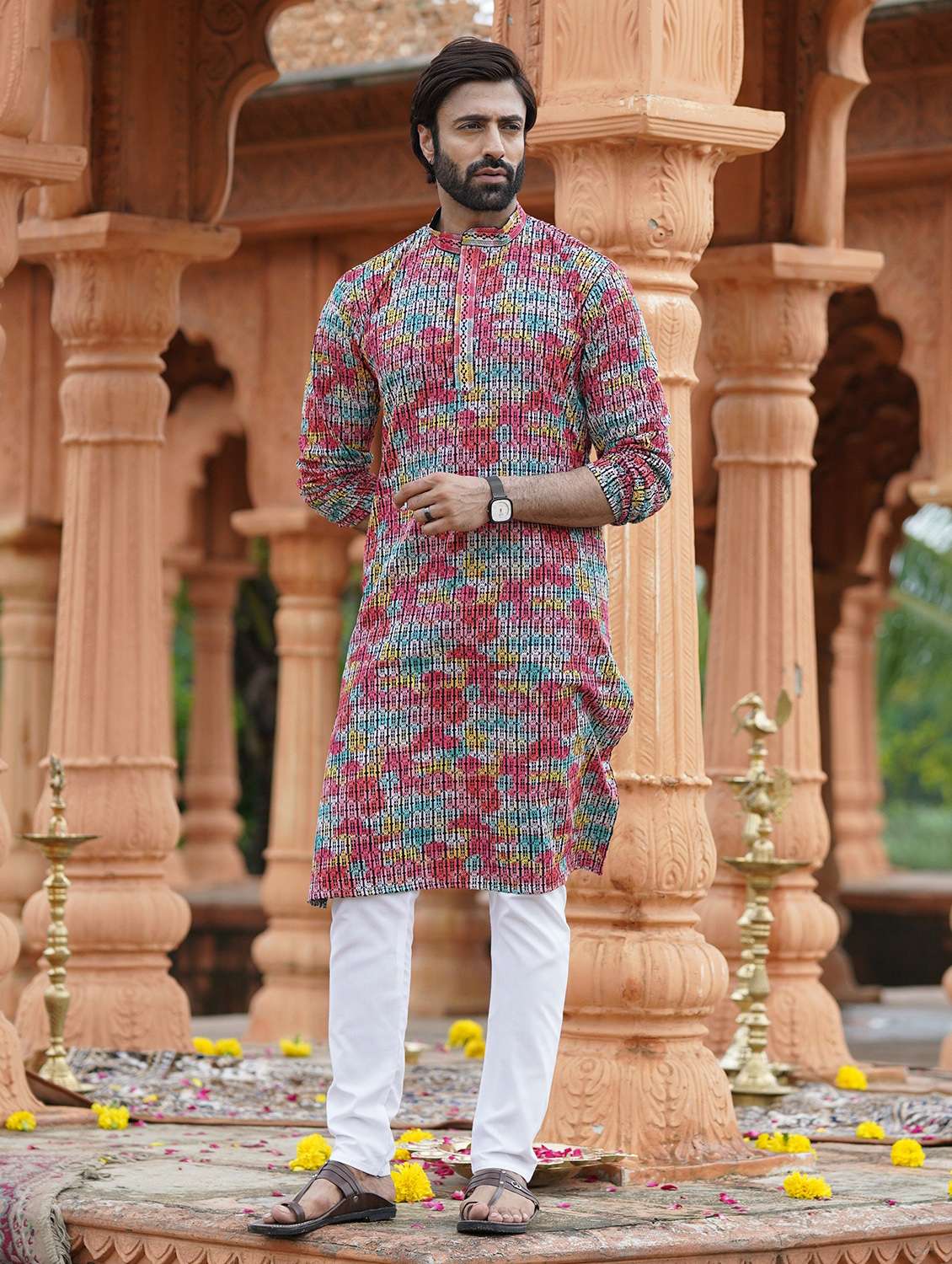 men solid with work mandarin neck long kurta