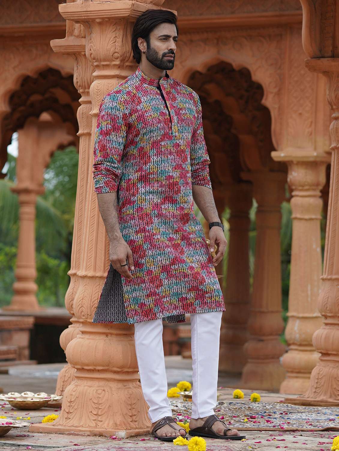 Men Solid With Work Mandarin Neck Long Kurta - 22599074 -  Standard Image - 3