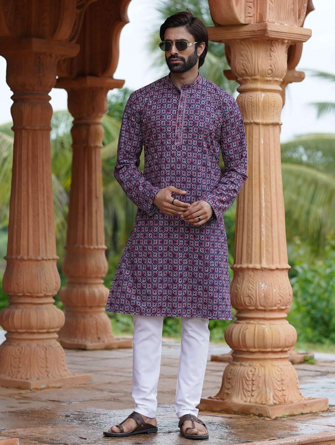 men solid with work mandarin neck long kurta