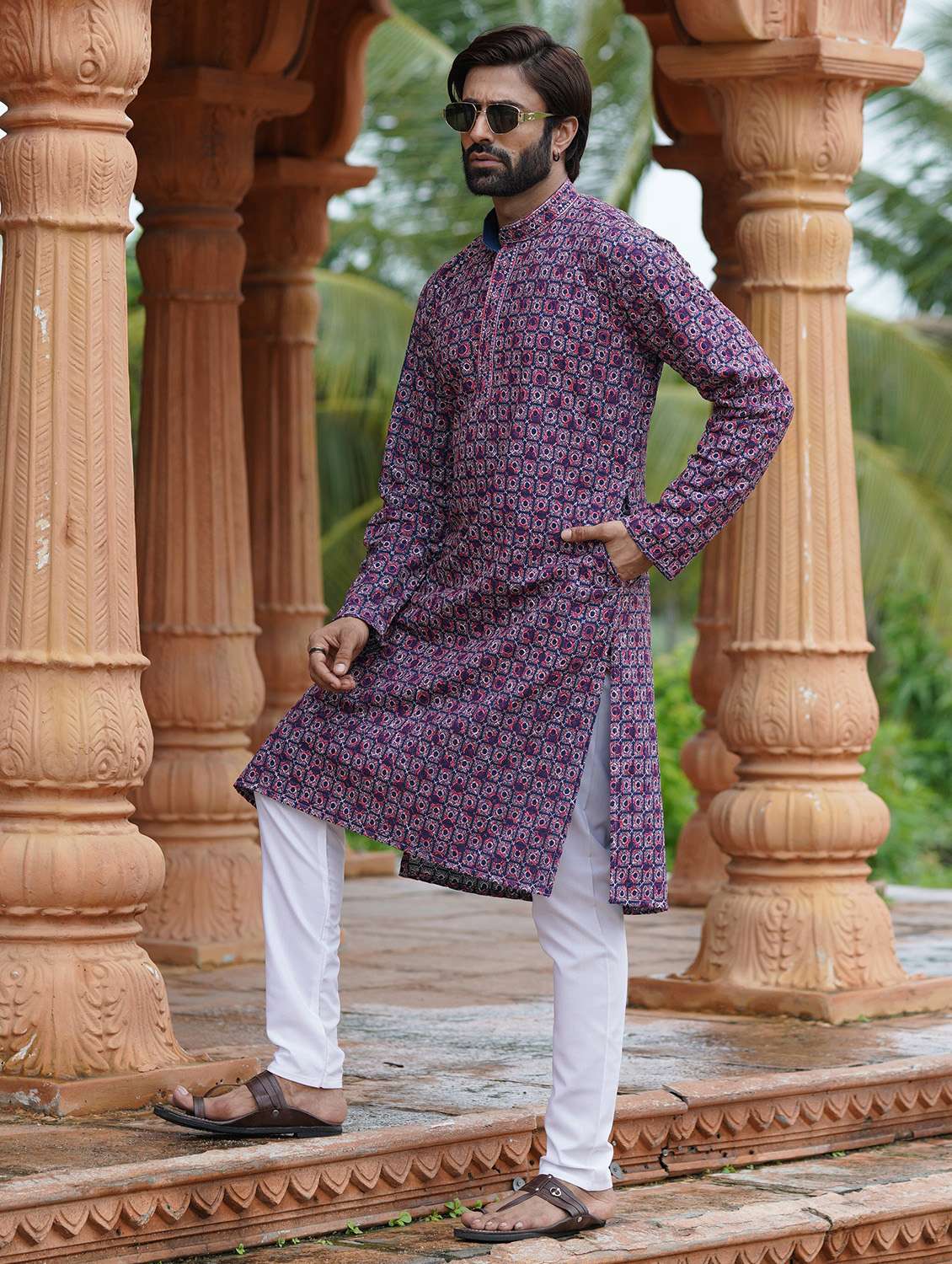 Men Solid With Work Mandarin Neck Long Kurta - 22599076 -  Standard Image - 3