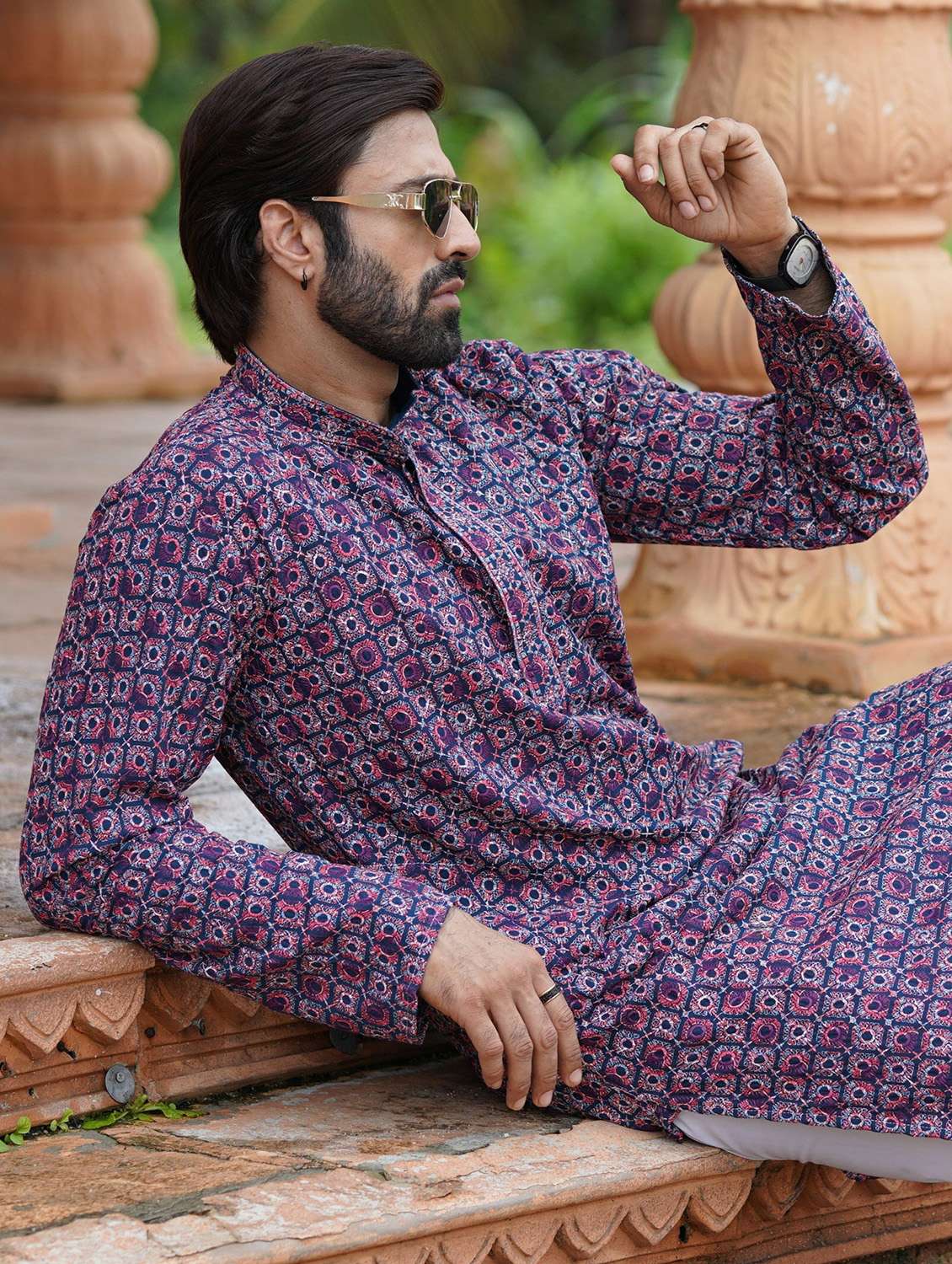 Men Solid With Work Mandarin Neck Long Kurta - 22599076 -  Standard Image - 5