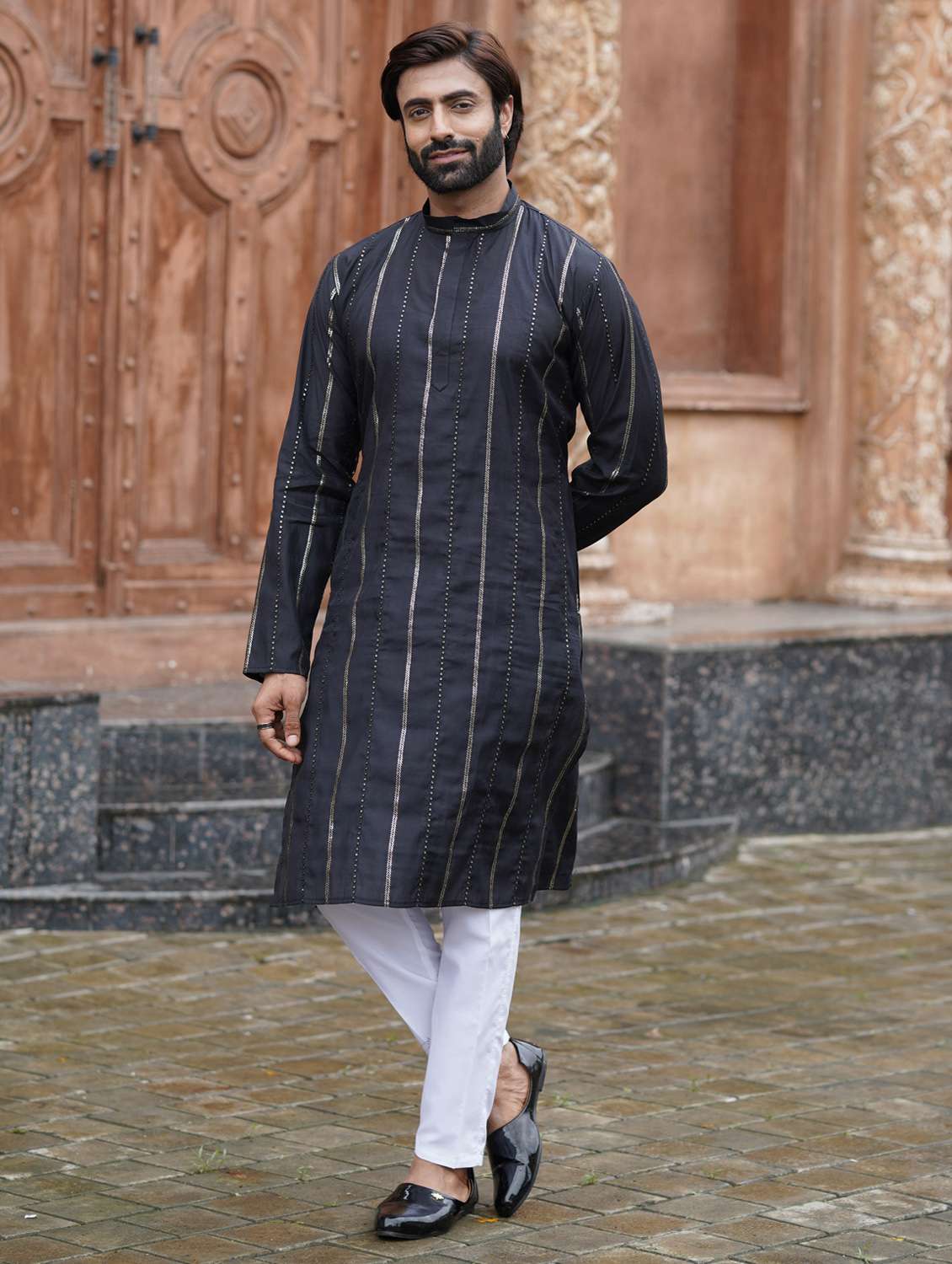 men solid with work mandarin neck long kurta