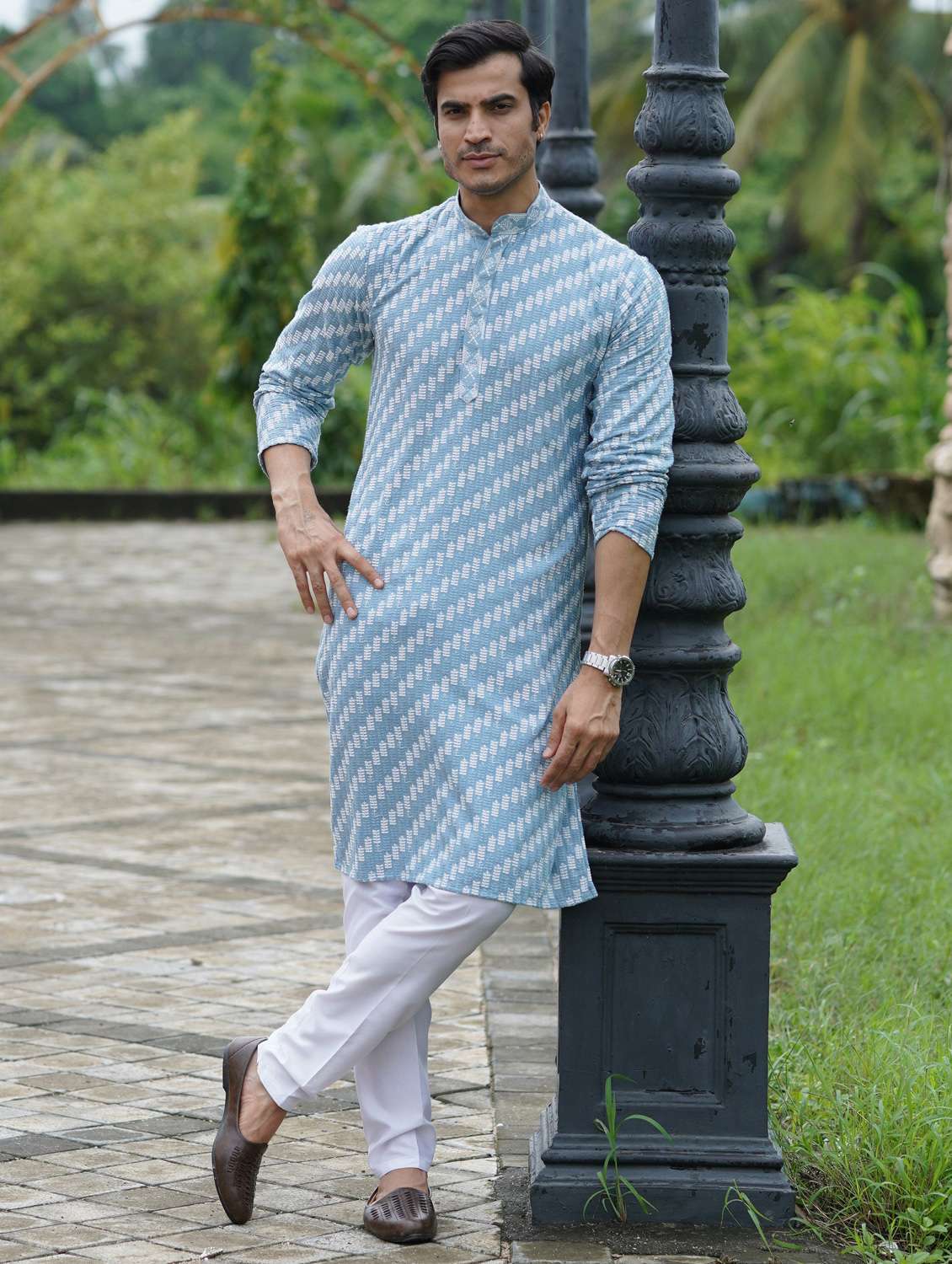 men solid with work mandarin neck long kurta