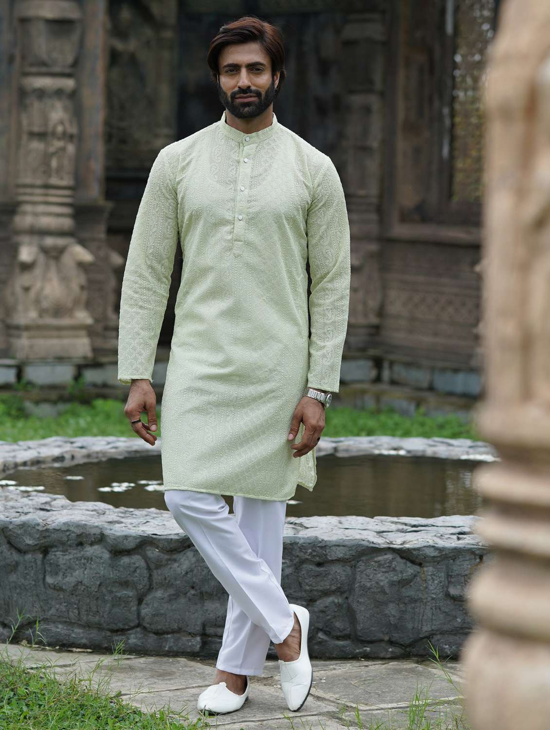 men solid with work mandarin neck long kurta