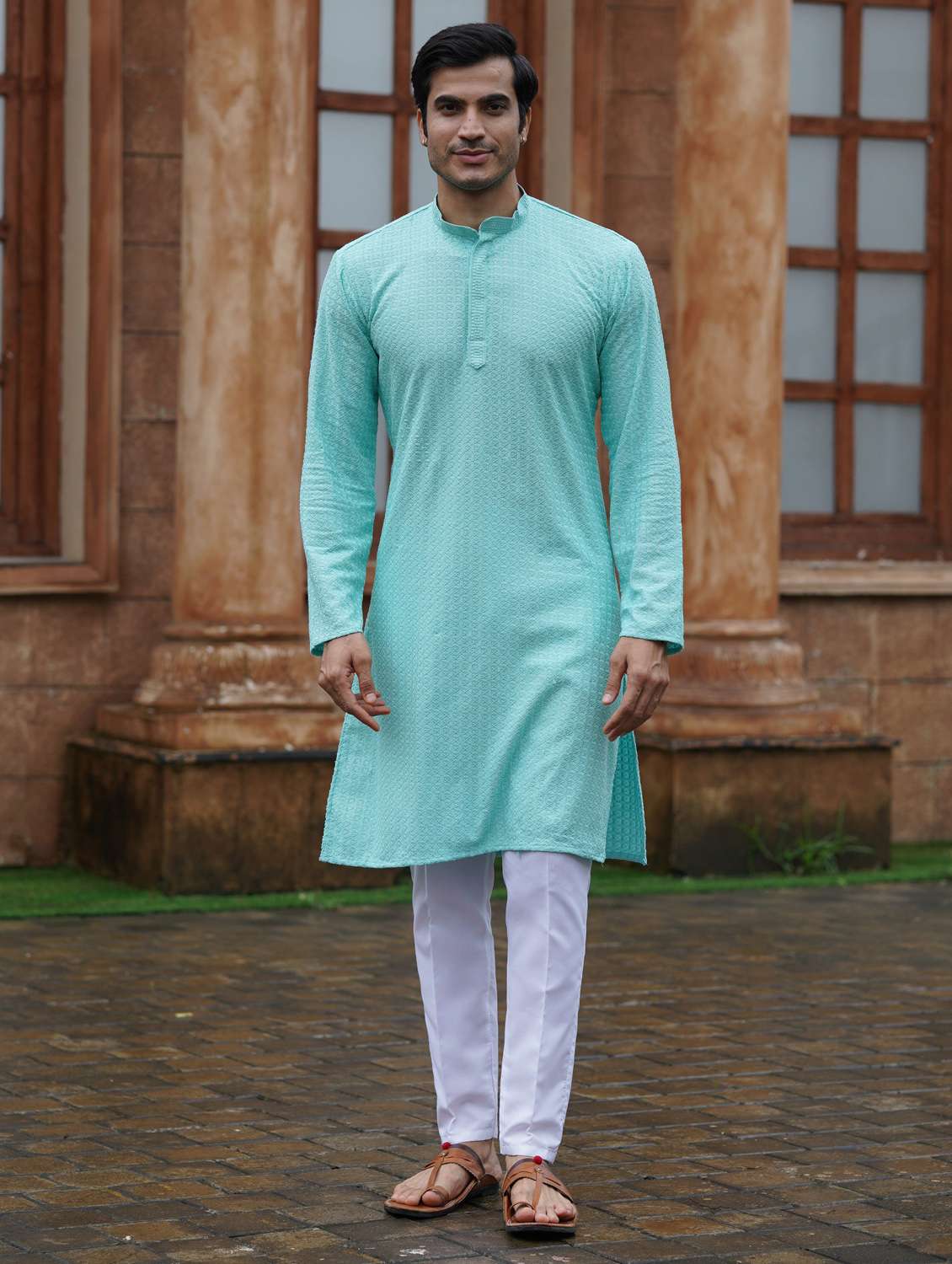 men solid with work mandarin neck long kurta