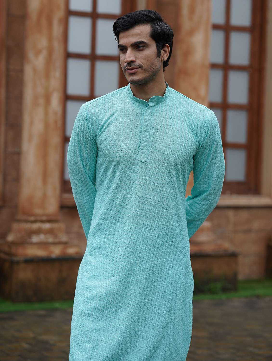 Men Solid With Work Mandarin Neck Long Kurta - 22599122 -  Standard Image - 3