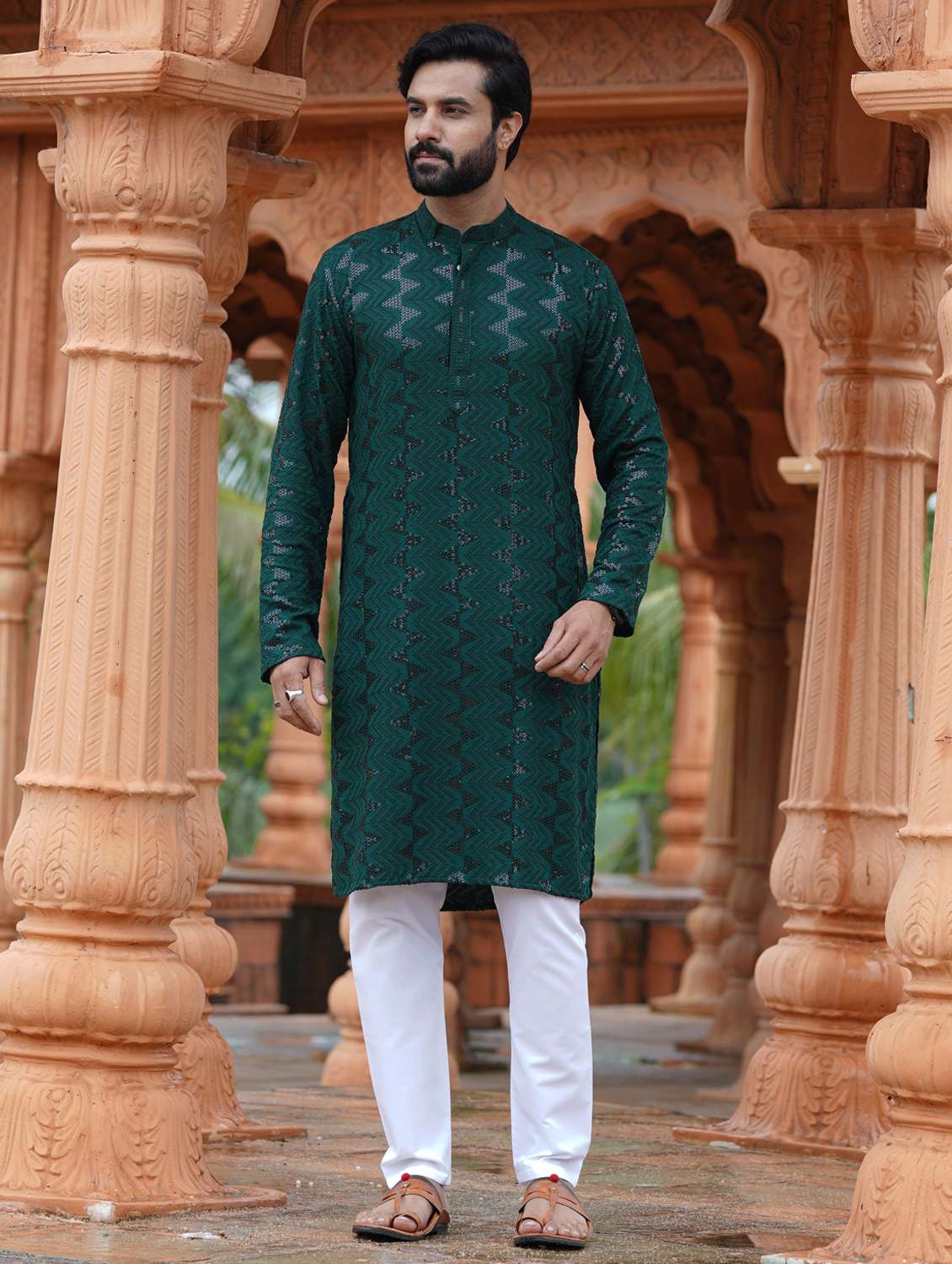 men solid with work mandarin neck long kurta