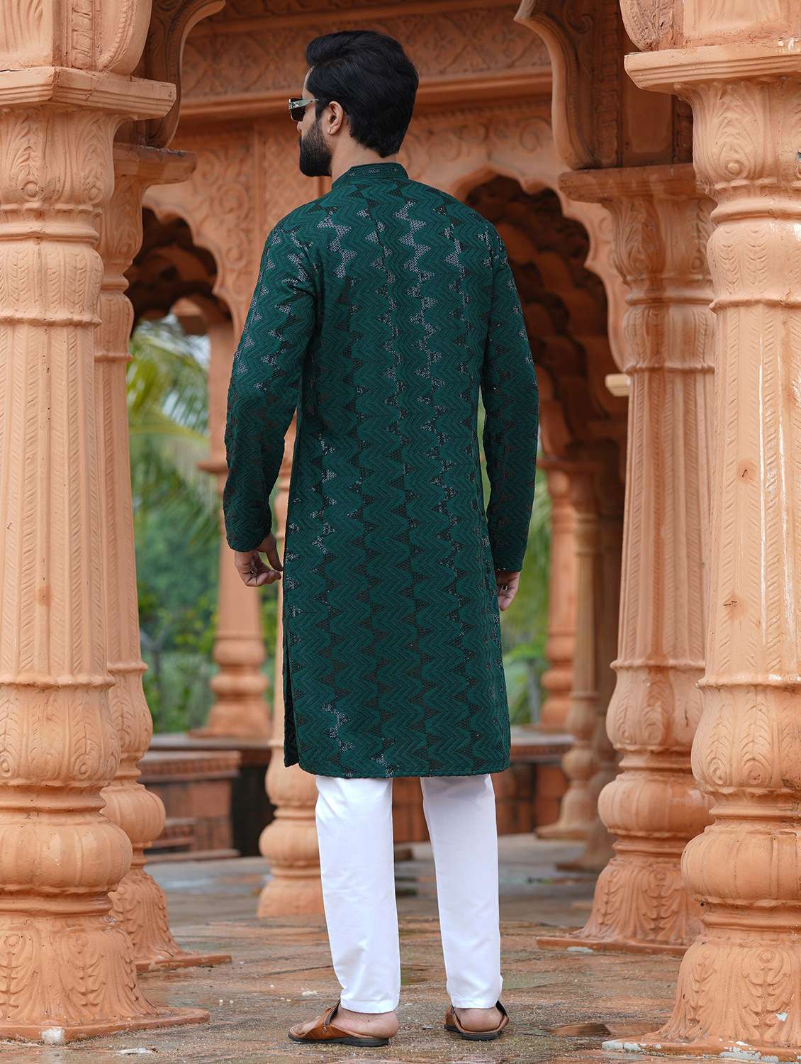 men solid with work mandarin neck long kurta - 22599129 -  Standard Image - 3