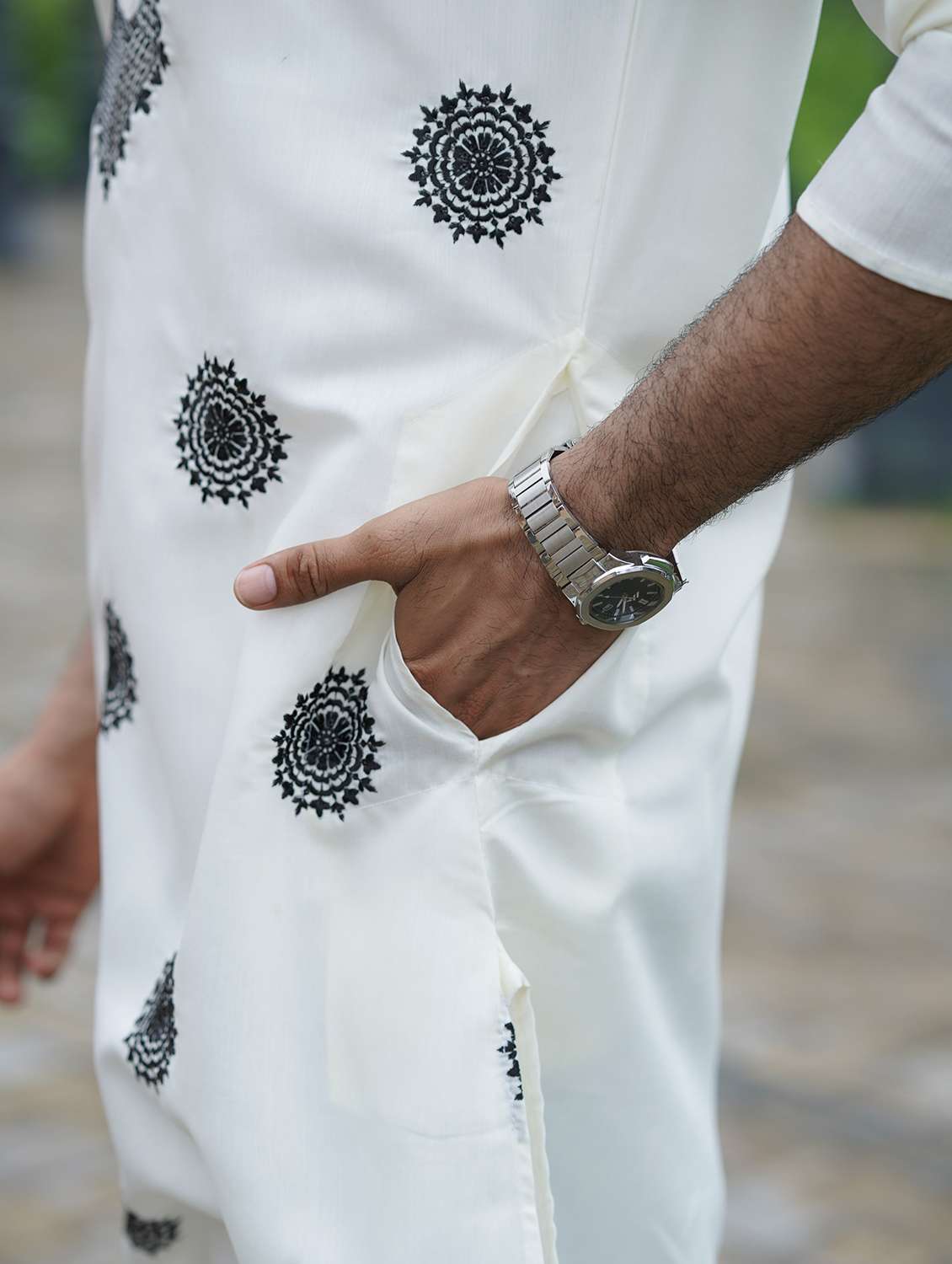 Men Solid With Work Mandarin Neck Long Kurta - 22599135 -  Standard Image - 5