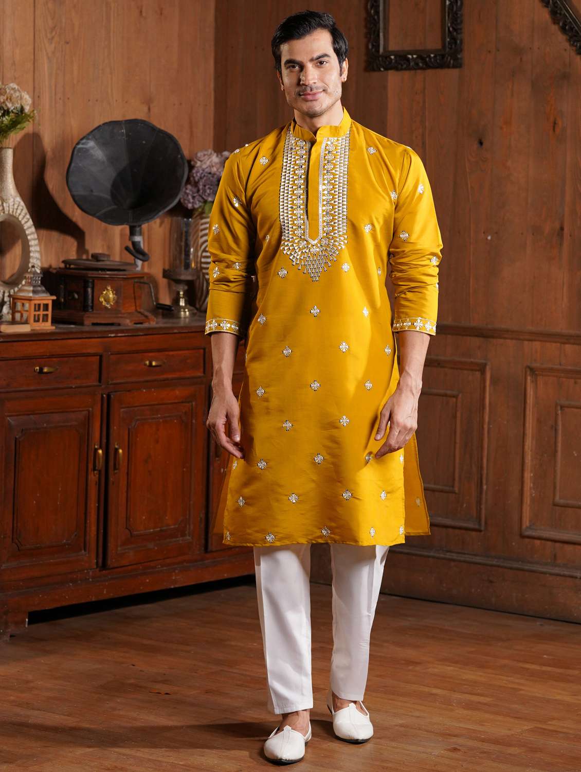 men solid with work mandarin neck long kurta