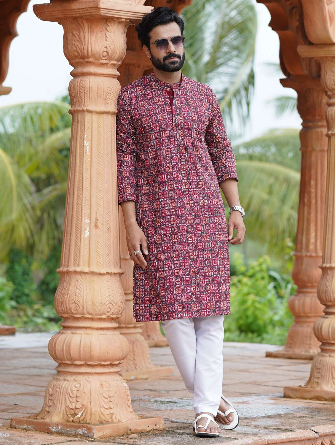 men solid with work mandarin neck long kurta