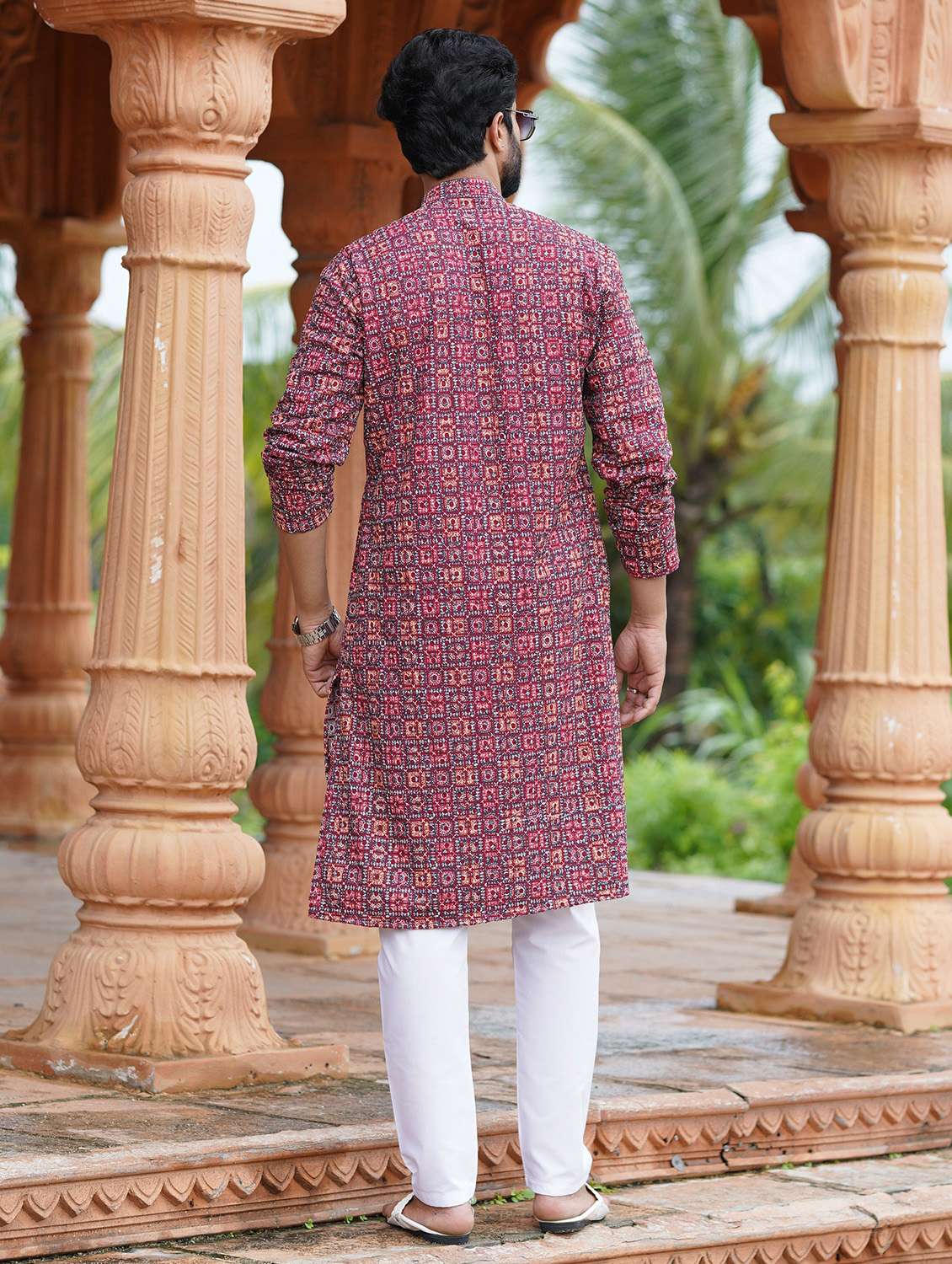 Men Solid With Work Mandarin Neck Long Kurta - 22599140 -  Standard Image - 3
