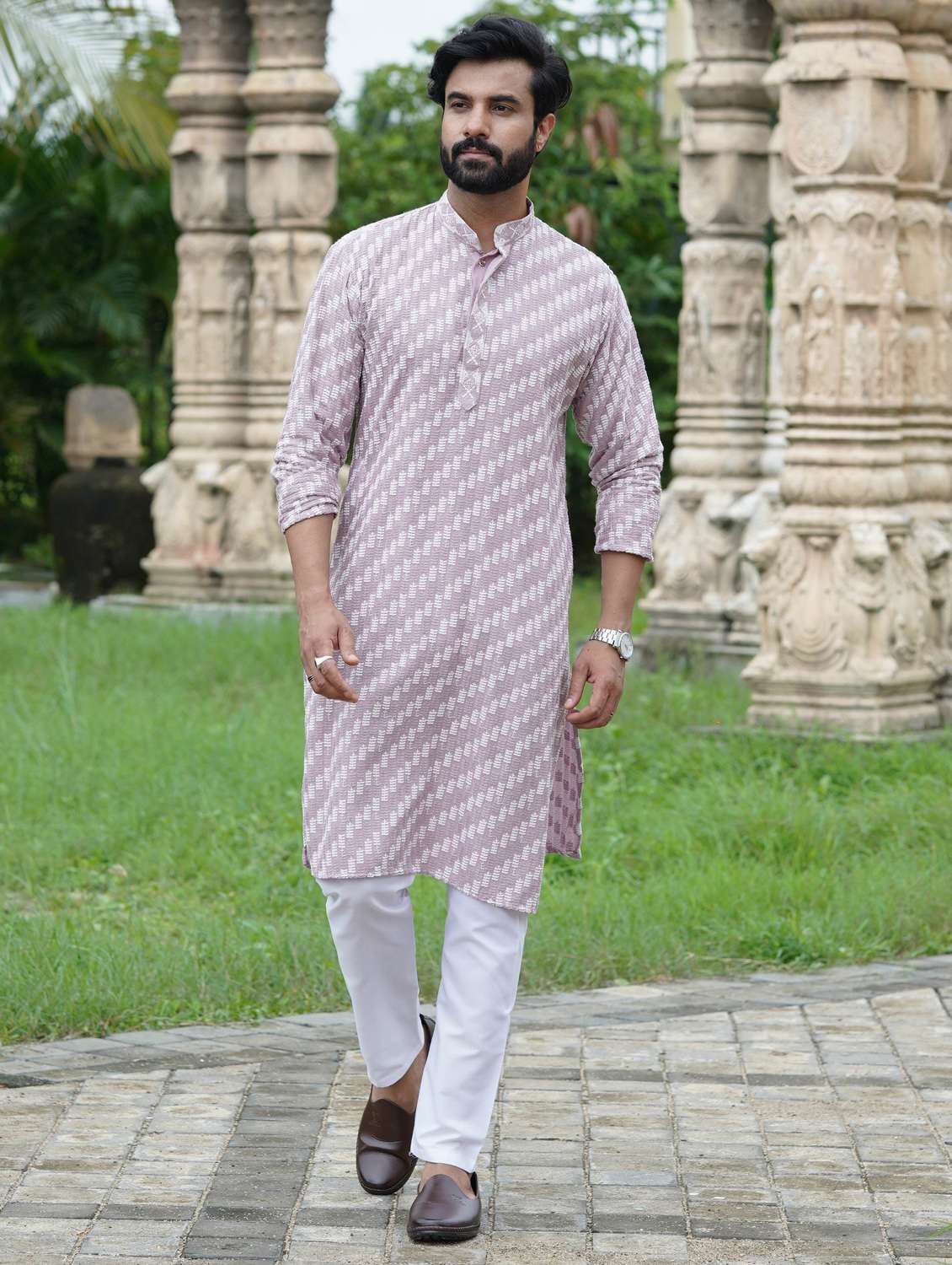men solid with work mandarin neck long kurta