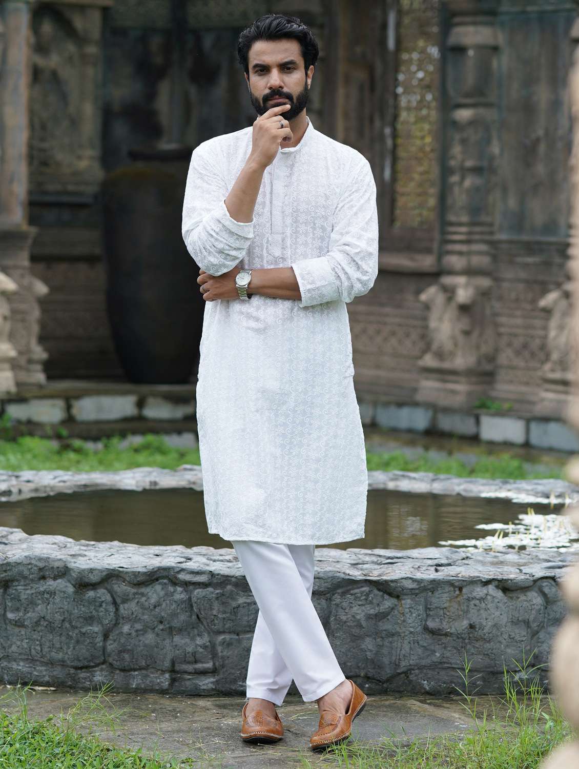 men solid with work mandarin neck long kurta