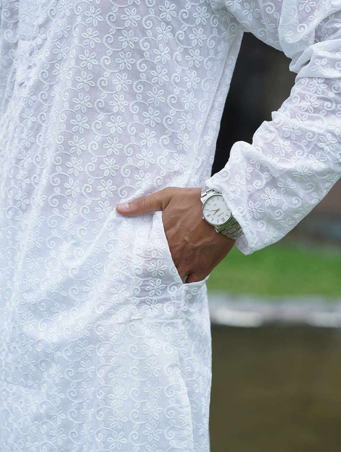 men solid with work mandarin neck long kurta - 22599142 -  Standard Image - 5