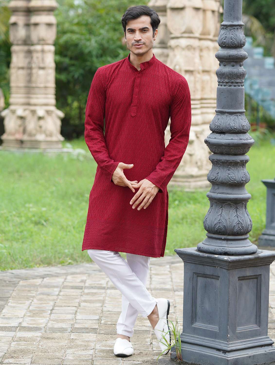 men solid with work mandarin neck long kurta