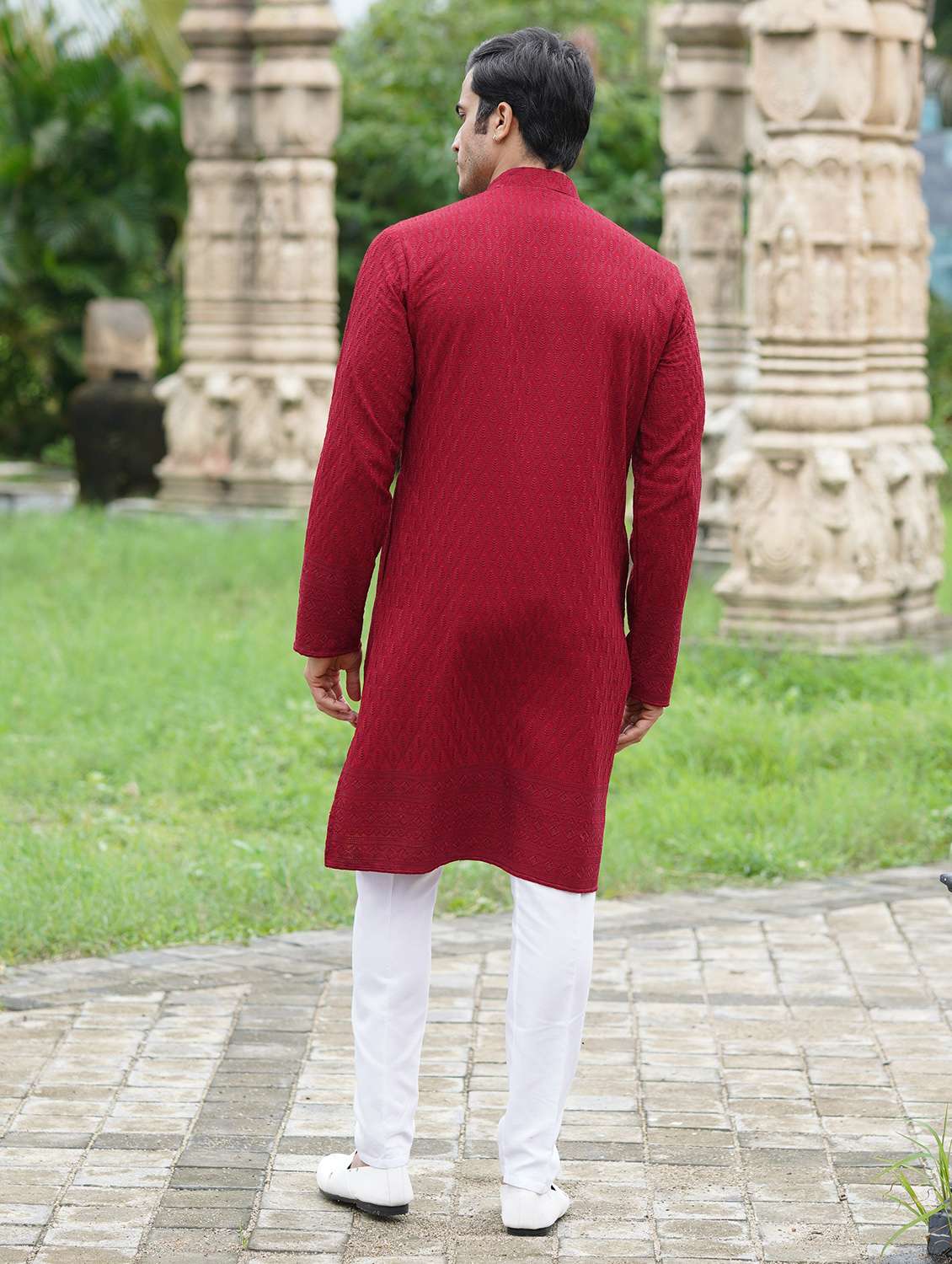 men solid with work mandarin neck long kurta - 22599143 -  Standard Image - 3