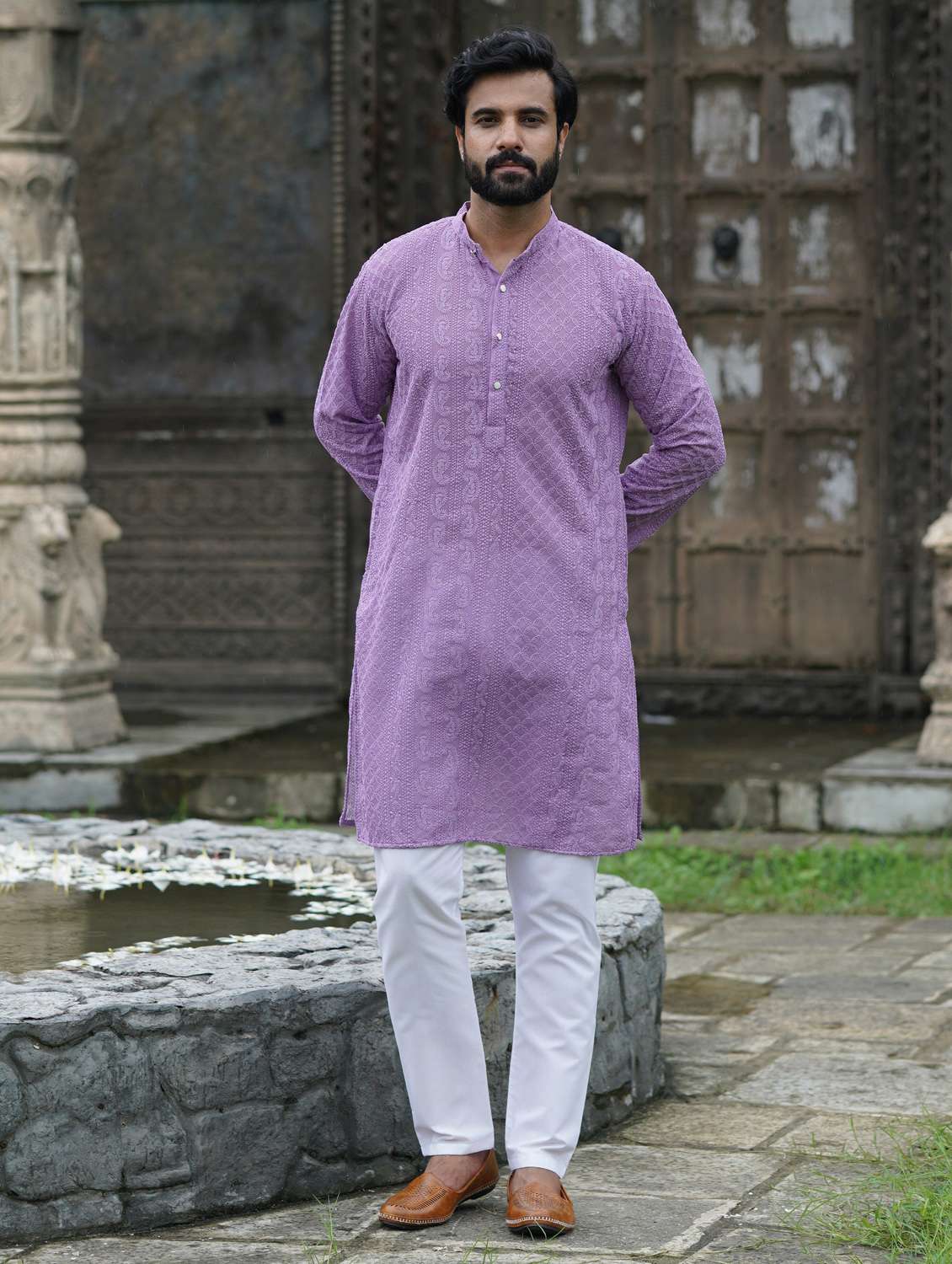 men solid with work mandarin neck long kurta