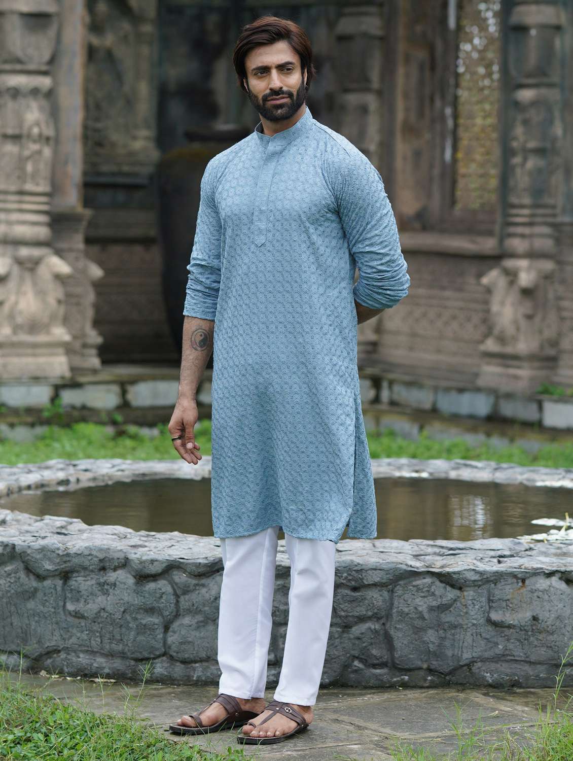 men solid with work mandarin neck long kurta