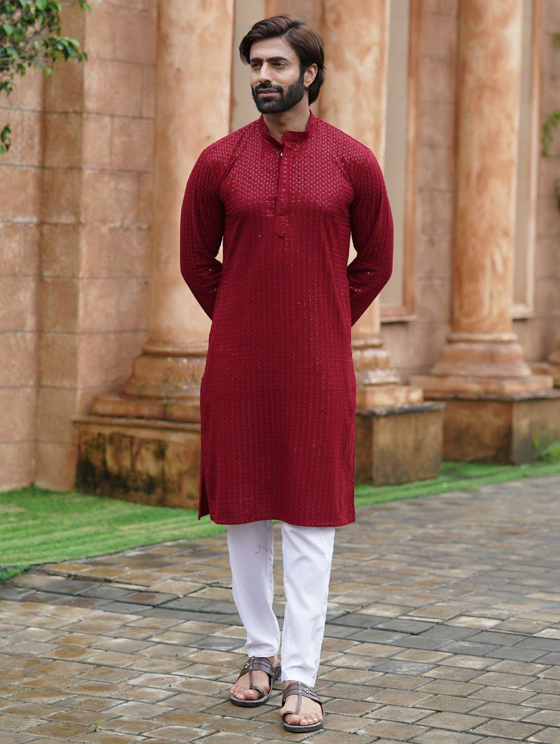 men solid with work mandarin neck long kurta