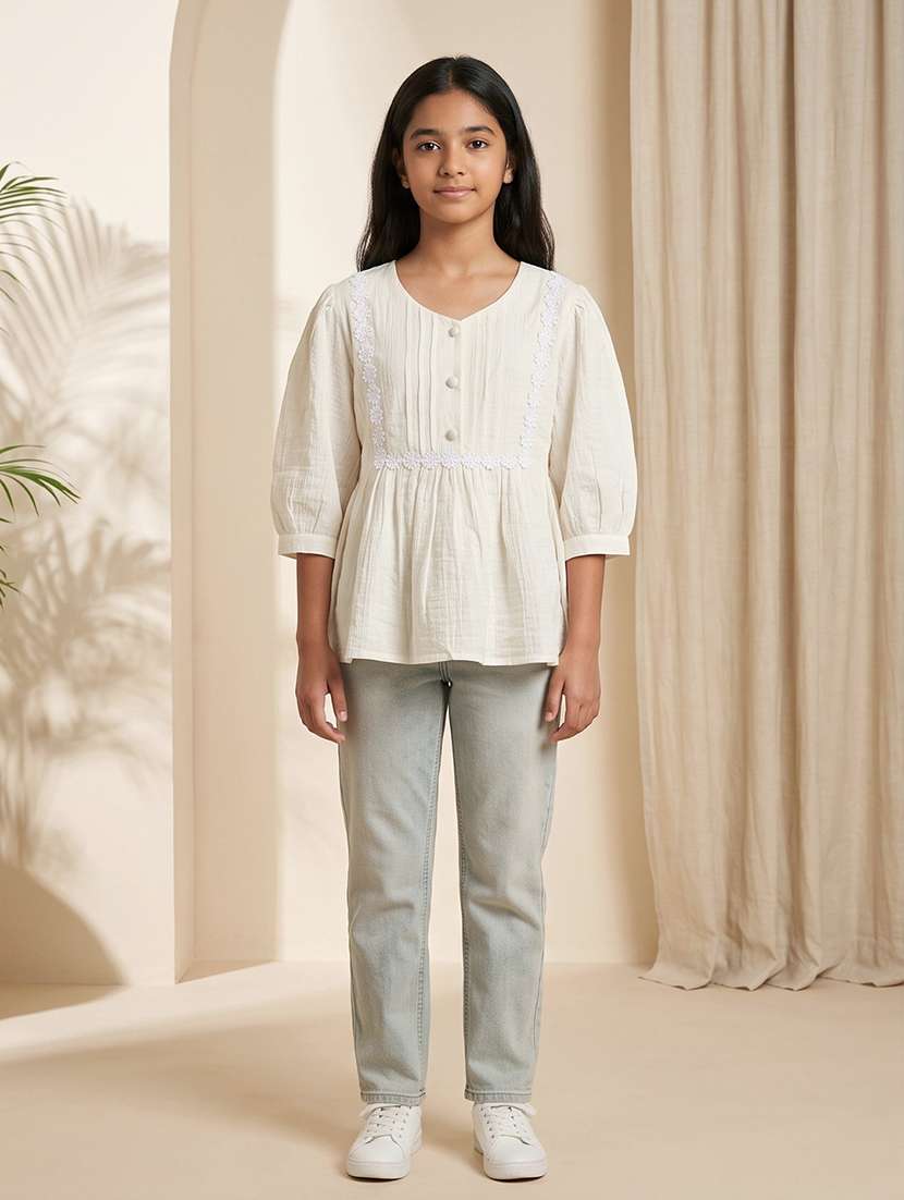 women solid three quarter sleeves a-line top