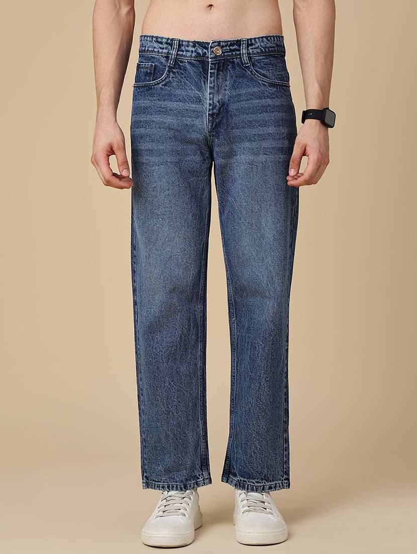 men washed mid rise full length straight jeans