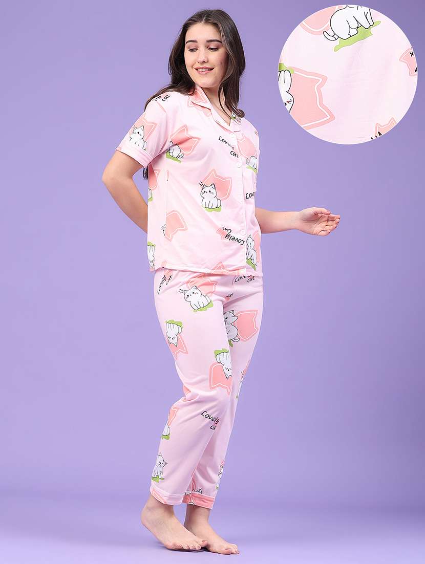 Women Pirnted Short Sleeves Nightwear Set - 22600496 -  Standard Image - 3