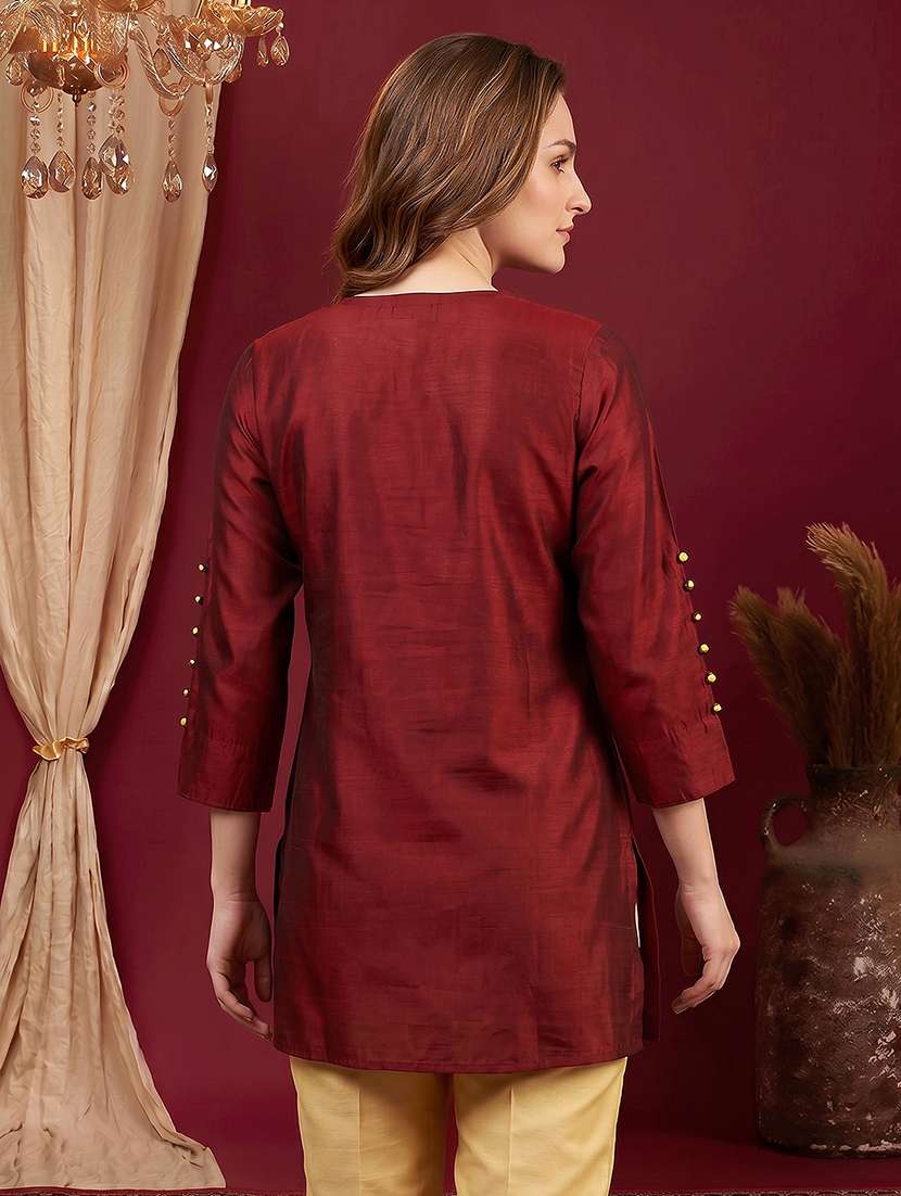 women solid three quarter sleeves straight kurti - 22600571 -  Standard Image - 3