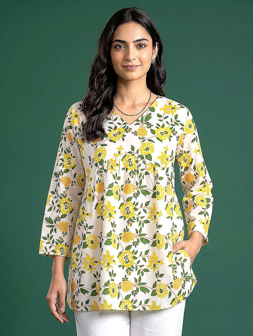 women printed three quarter sleeves a-line kurti