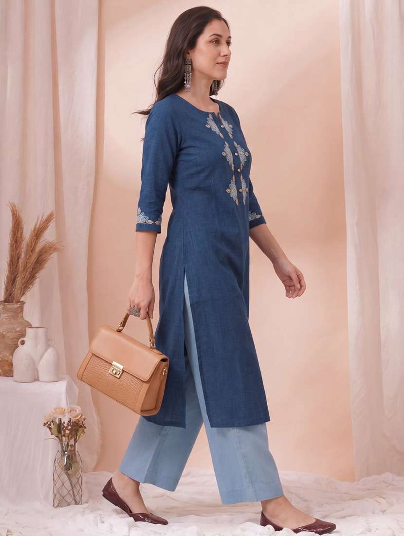 women embroidered three quarter sleeves straight kurta - 22601133 -  Standard Image - 3