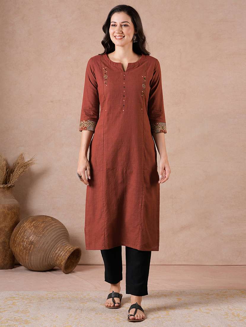 women embroidered three quarter sleeves straight kurta