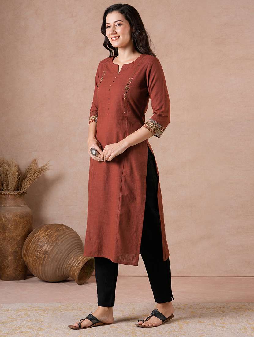 women embroidered three quarter sleeves straight kurta - 22601141 -  Standard Image - 3