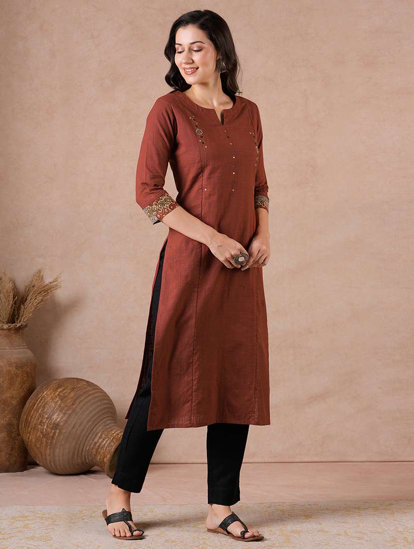 women embroidered three quarter sleeves straight kurta - 22601141 -  Standard Image - 5