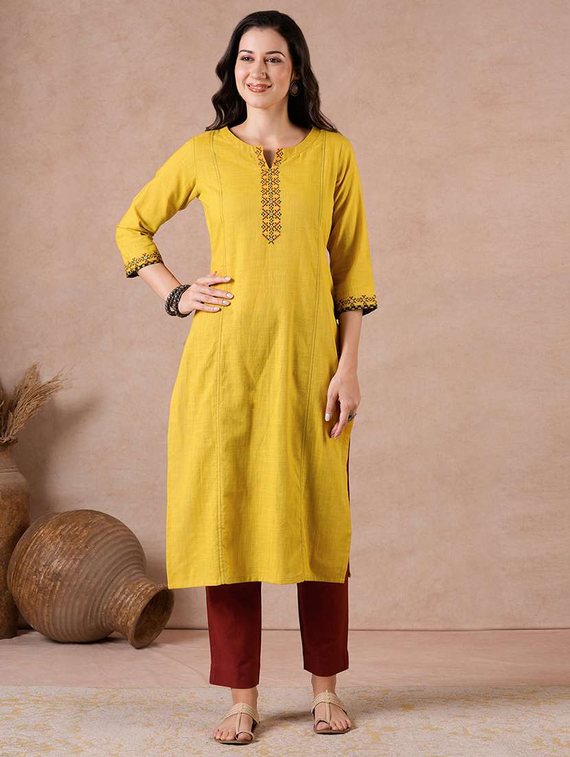 women embroidered three quarter sleeves straight kurta
