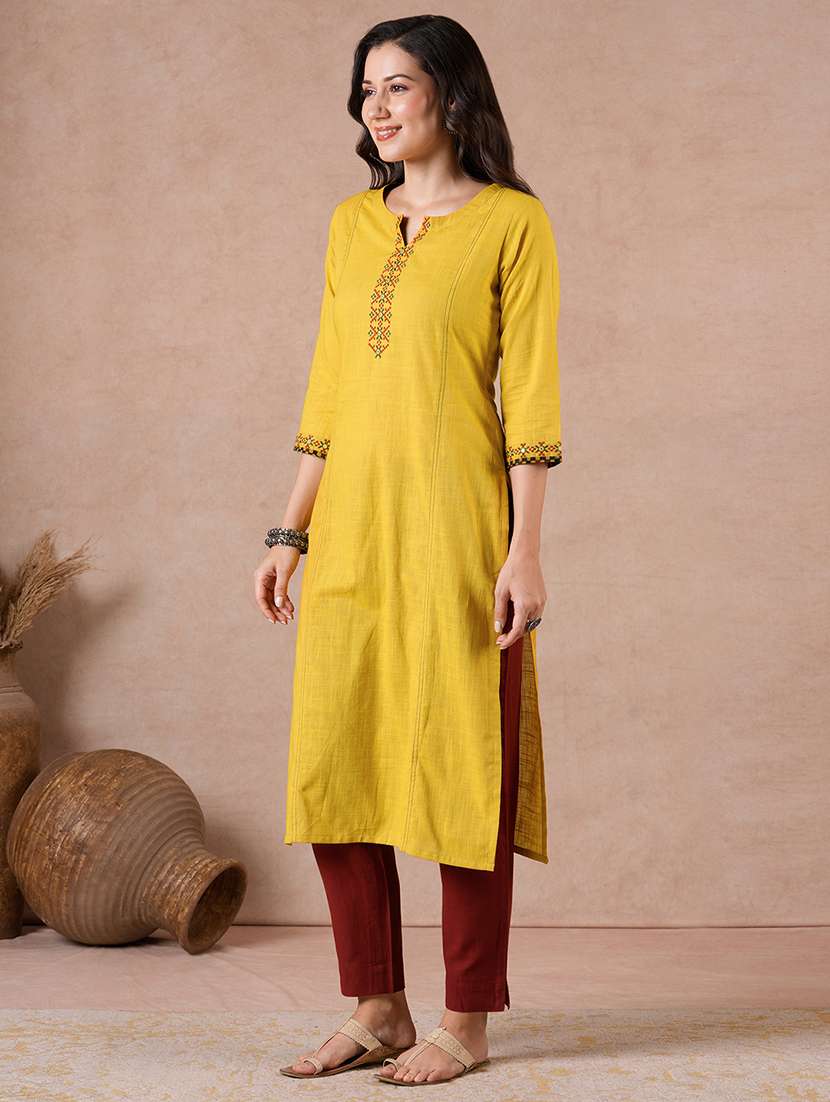women embroidered three quarter sleeves straight kurta - 22601145 -  Standard Image - 3
